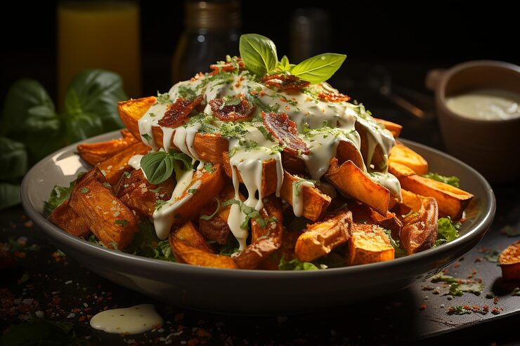 Foto ensalada césar con un lado de patatas fritas