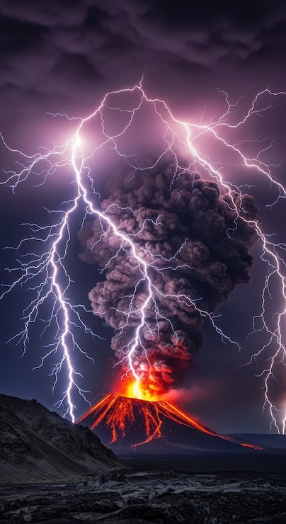 Foto erupção dramática de vulcão com raios e nuvens de cinzas