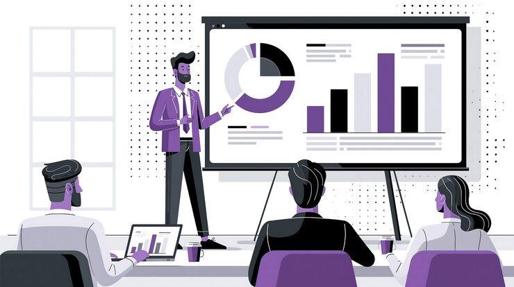 Foto geschäftspräsentation mit team: flache illustration