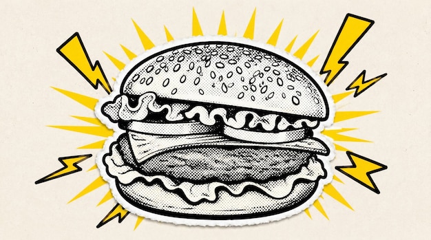 Foto hamburger mit blitzen – handgezeichnete illustration.