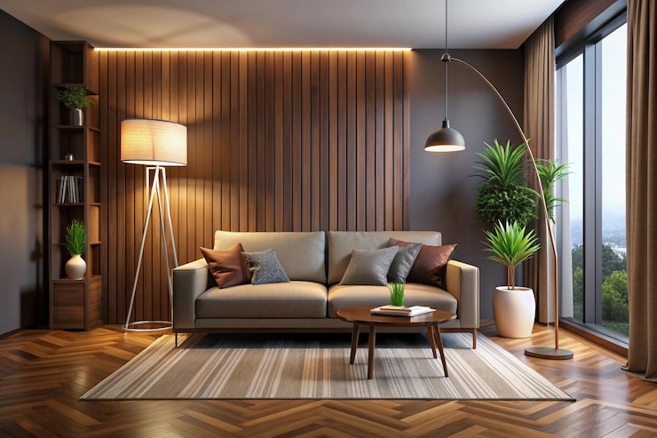 Foto interior moderno de la noche de la sala de estar con lámpara de piso del sofá contra la pared marrón 3d rende