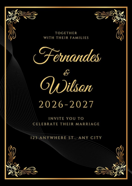 Foto invitación de boda tradicional en negro y oro.