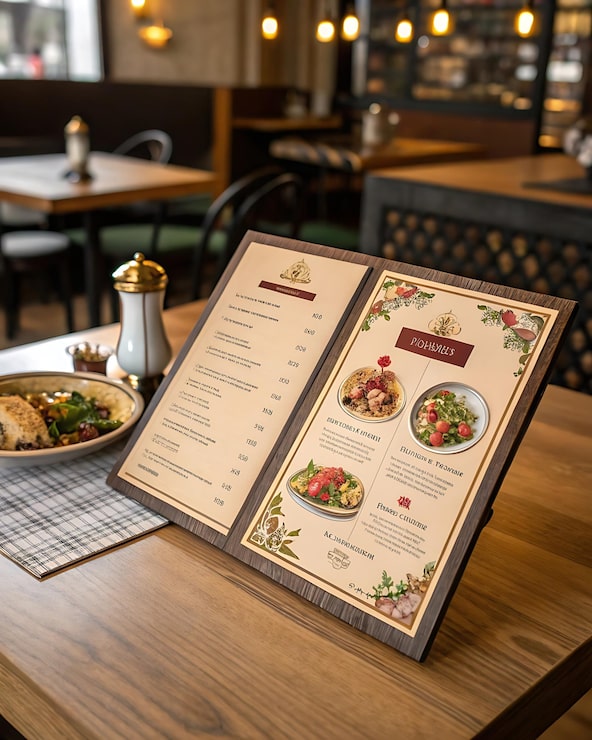 Foto modelo de menu de comida e um menu para um restaurante chamado brunch sentado em uma mesa
