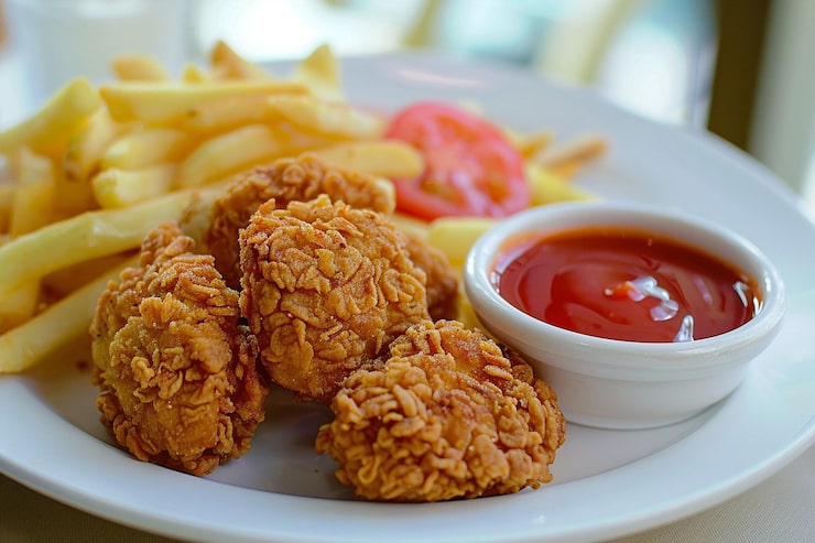 Foto nuggets de pollo al estilo kfc con patatas fritas