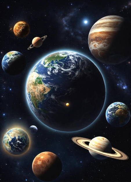 Foto planetas num espaço com planetas e planetas