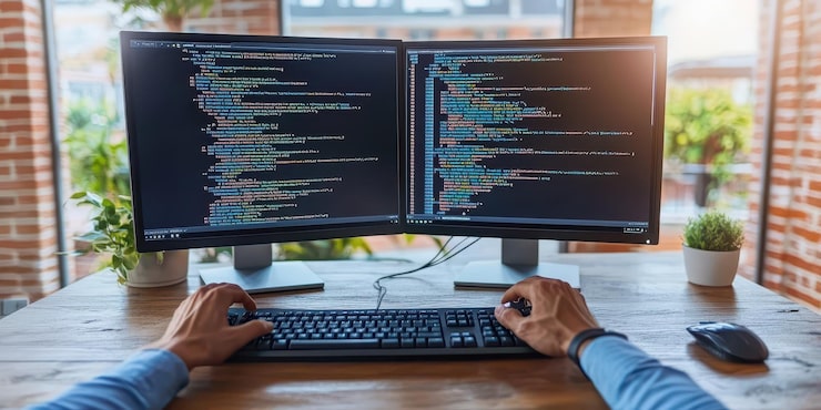 Foto softwareentwickler, der code für innovative geschäftsanwendungen erstellt