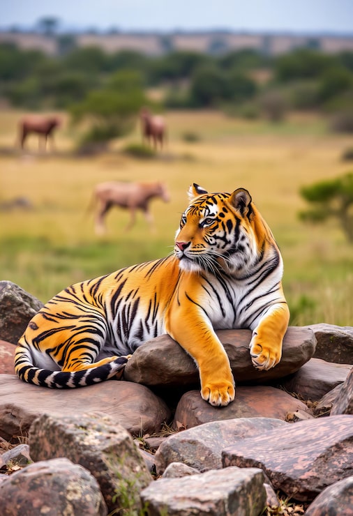 Foto un tigre está acostado en una roca en un campo