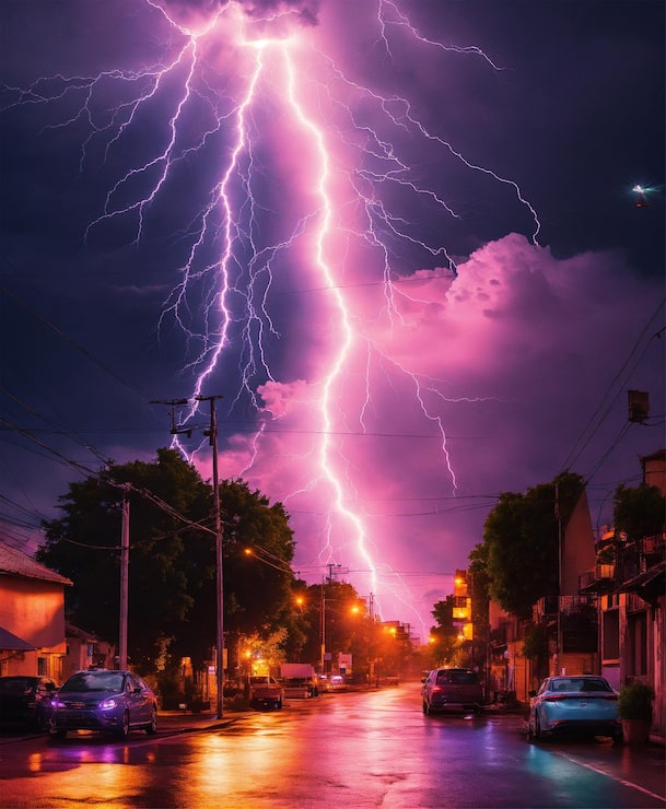 Foto um raio é visto no céu acima de uma rua