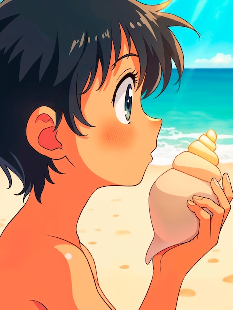 無料Photo ビーチで貝を持ったアニメの女の子