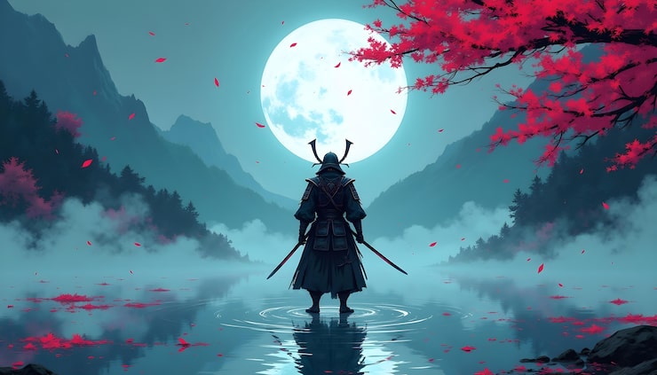 夜晚，湖边的武士