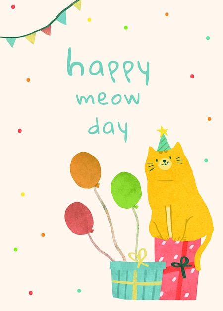 免費 PSD 生日祝賀模板 psd 有貓的插圖