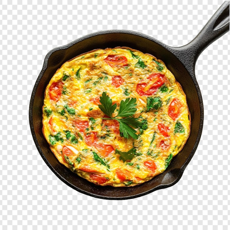 무료 PSD 맛있는 스파나치 와 토마토 오멜레트 가 주조 철 판 에