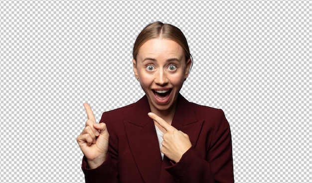 無料PSD 喜びと驚きを感じ ショックを受けた表情で微笑んで 横を指さして