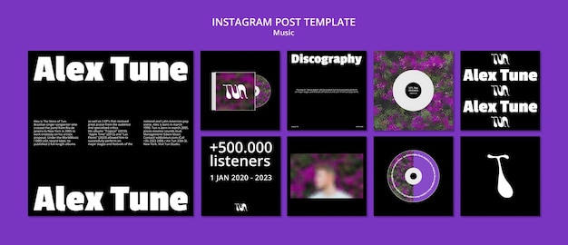 Бесплатный PSD коллекция постов в instagram для музыкального события