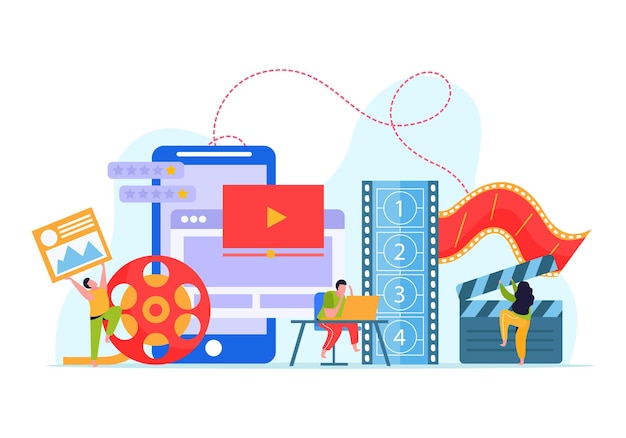 免費 Vector 动画和动作设计平面背景与团队在计算机上工作创建动画视频向量插图