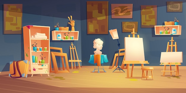 Бесплатный Вектор художественная студия в классе с мольбертами, красками и кистями на полках, бюстом и картинами на стене