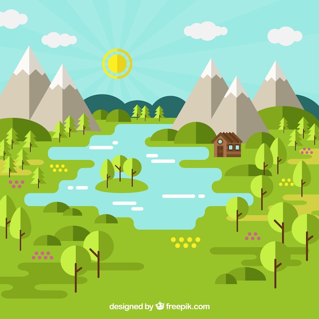 免费Vector 具有扁平化设计的树木和山脉的美丽景观