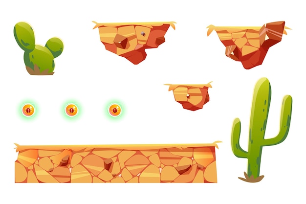 무료 Vector 아케이드 게임 플랫폼 용 만화 요소, 컴퓨터 또는 모바일 용 2d ui 디자인 사막 풍경 요소.