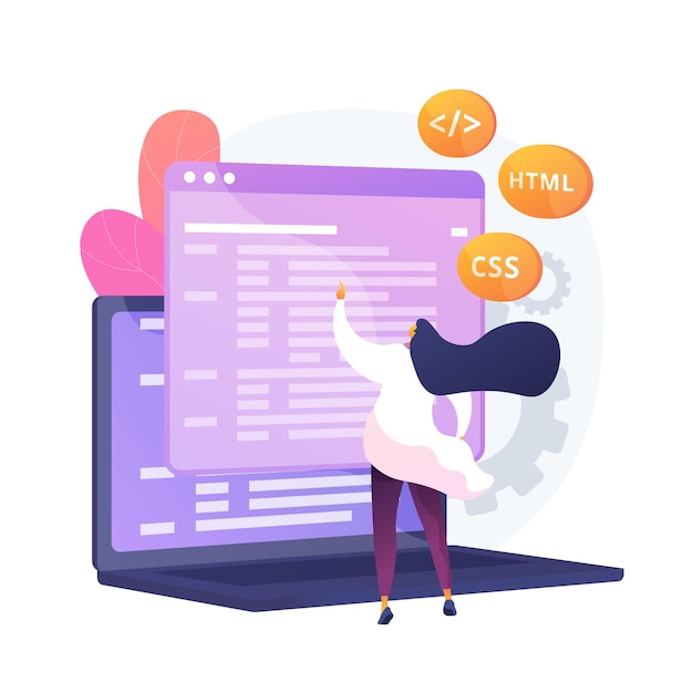 Бесплатный Вектор языки программирования css и html. компьютерное программирование, кодирование, it. женский программист мультипликационный персонаж. программное обеспечение, разработка сайтов. вектор изолированных иллюстрация метафоры концепции.