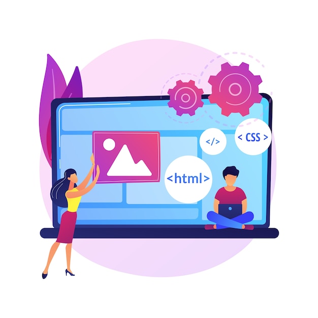 Бесплатный Вектор языки программирования css и html. компьютерное программирование, кодирование, it. женский программист мультипликационный персонаж. программное обеспечение, разработка сайтов.