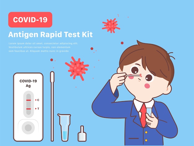 ฟรี Vector นักเรียนชายญี่ปุ่นน่ารักกำลังใช้ชุดตรวจแอนติเจนโควิด-19 การเก็บตัวอย่างด้วยตัวเอง ตัวการ์ตูน doodle