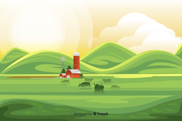 免費 Vector 平坦的設計農場風景背景