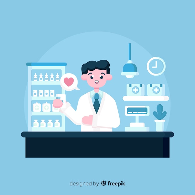 무료 Vector 플랫 약사 참석 고객 배경