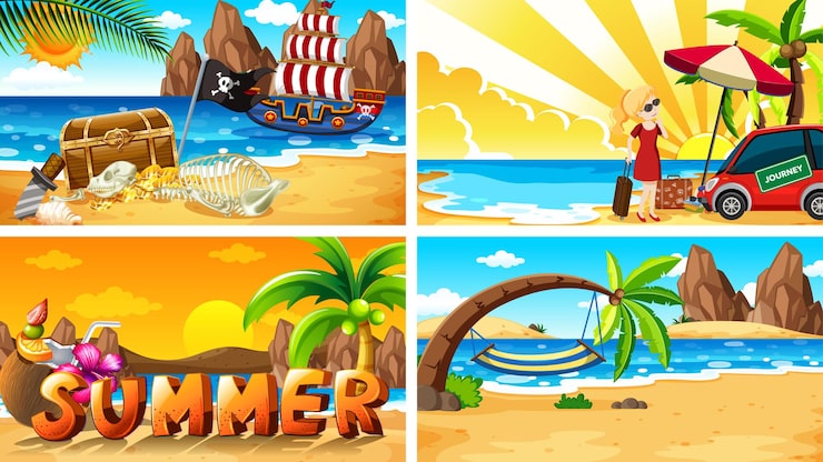 無料Vector ビーチでの夏の4つの背景シーン