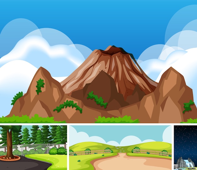 ฟรี Vector ฉากต่างๆ สี่แบบในสไตล์การ์ตูนที่เซ็ตในธรรมชาติ