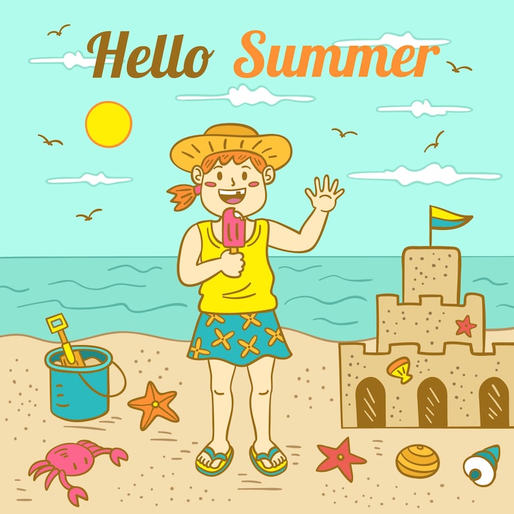 無料Vector こんにちは夏の手描きイラスト