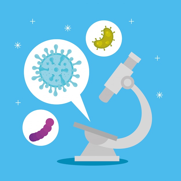 無料Vector covid 19の微生物のセットを備えた顕微鏡
