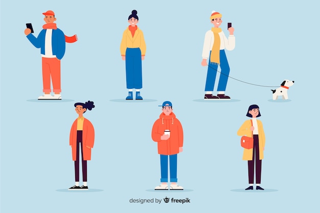 免费Vector 穿着冬装的人们，扁平设计