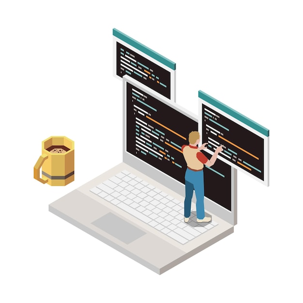 Бесплатный Вектор изометрическая композиция разработки программирования с характером программиста на ноутбуке с экранами и векторной иллюстрацией чашки кофе