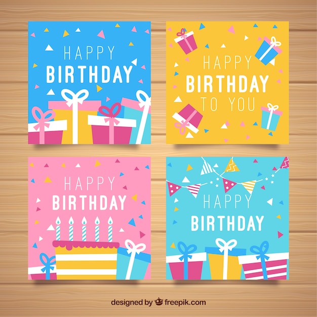 免費 Vector 一組多彩的方形生日卡片,平面設計