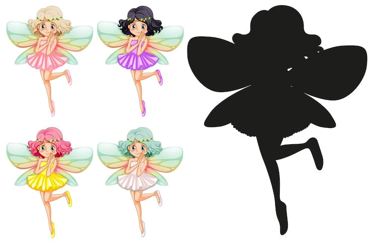 무료 Vector 요정 캐릭터와 흰색 배경에 실루엣의 집합