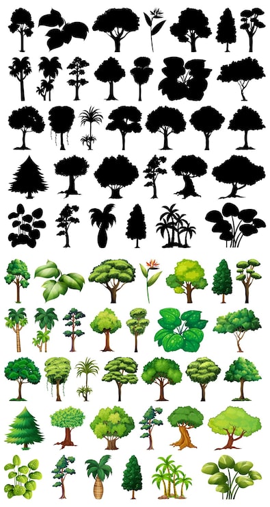 免費 Vector 一組植物和樹的 siluet