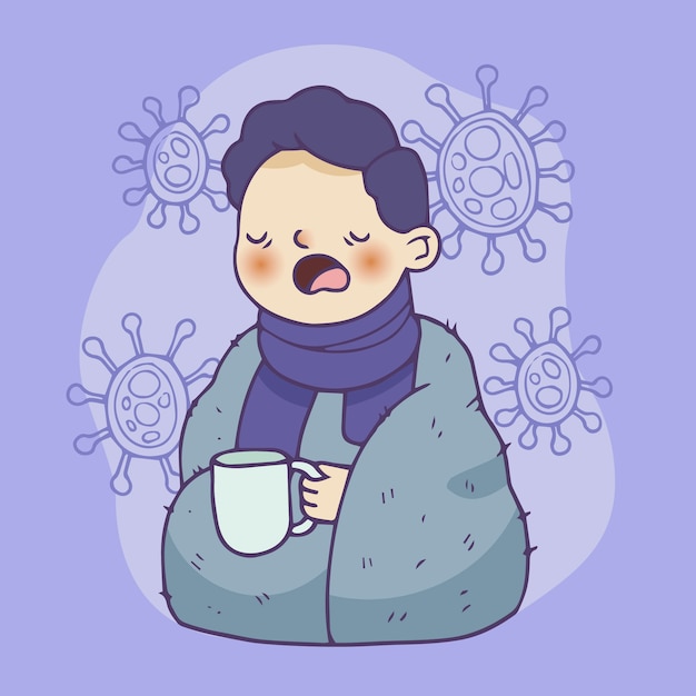 免费Vector 生病的男孩拿着一杯茶