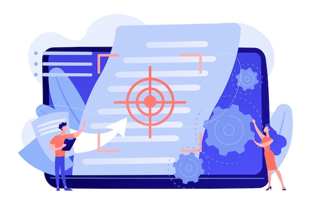 Бесплатный Вектор крошечные люди, менеджеры проектов работают над концепцией и документом с объемом работ. документ о видении и содержании, основной план проекта, концепция документа управления проектом