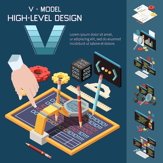 무료 Vector v 모델 소프트웨어 개발 아이소메트릭 컴포지션(인간 손 연필 드로잉 코드, 기어 및 텍스트 벡터 그림 포함)