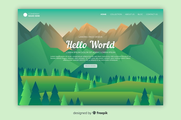 無料Vector 緑のグラデーションの風景を含むランディングページへようこそ