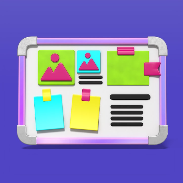 Kostenlose PSD 3d-gerendertes whiteboard mit bunten notizen und symbolen