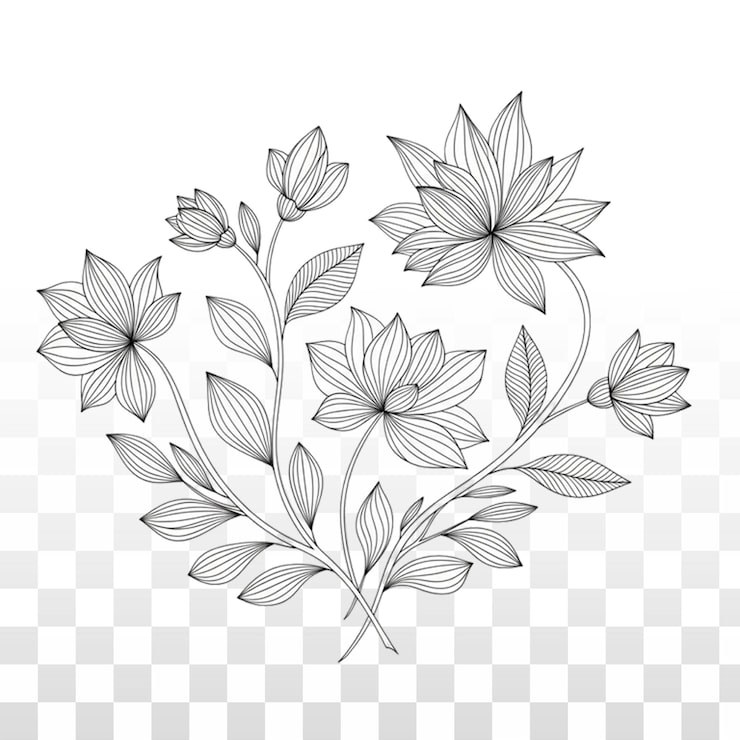 Kostenlose PSD elegante botanische strichzeichnung mit stilisierten blumen und blättern