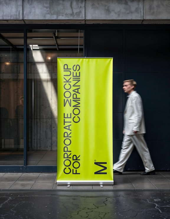 Kostenlose PSD mann geht an einem leeren roll-up-banner vorbei