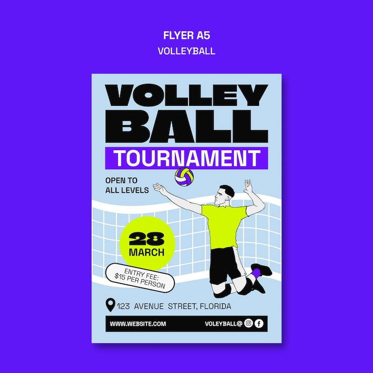 Kostenlose PSD vorlage für ein flaches volleyball-spiel