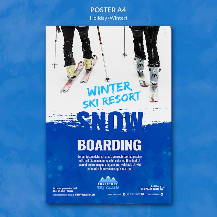 Kostenlose PSD winterskigebiet a4-plakatvorlage