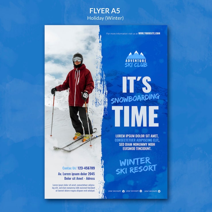 Kostenlose PSD winterskigebiet flyer vorlage