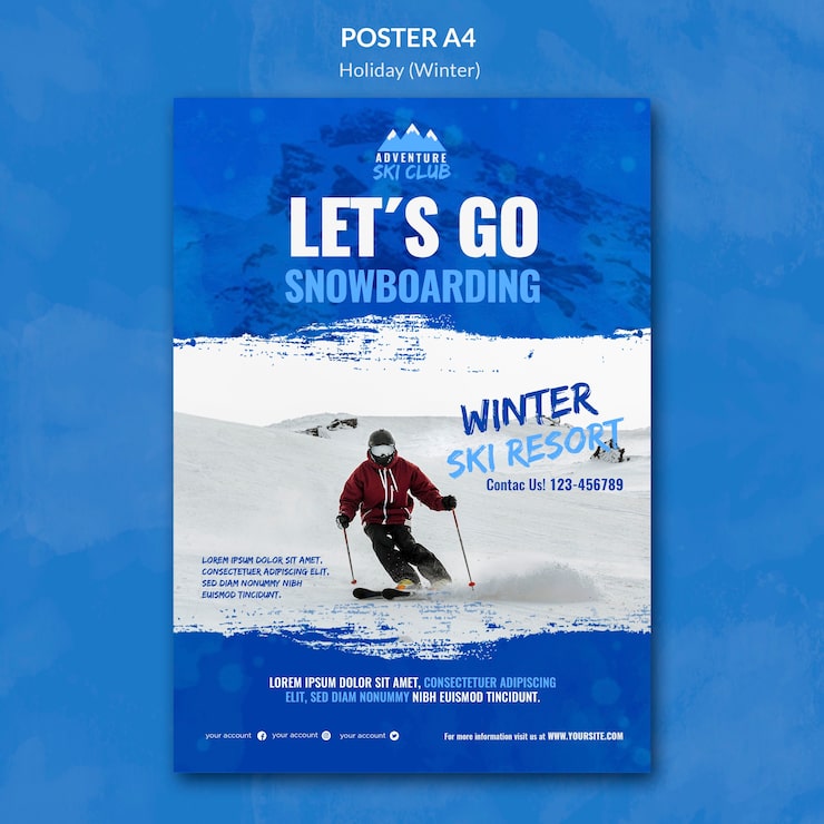 Kostenlose PSD winterskigebiet-plakatvorlage