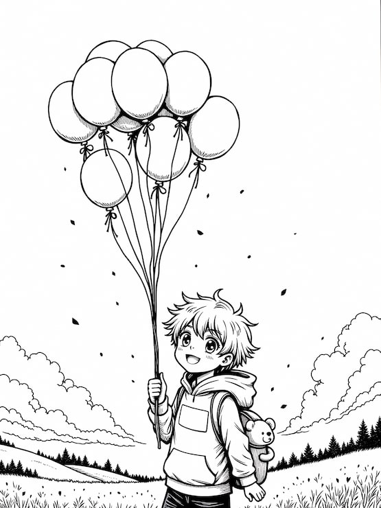 Gratis Foto animegutt med ballonger i et felt