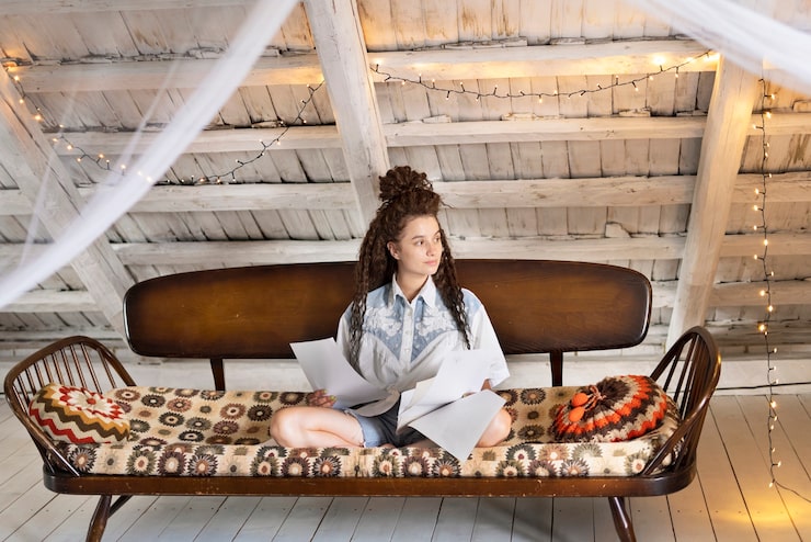 Gratis Foto full shot av kvinne som sitter på en boho-sofa