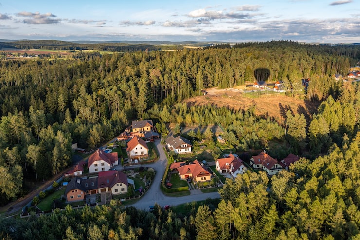 Gratis Foto luftfoto av bygninger omgitt av trær